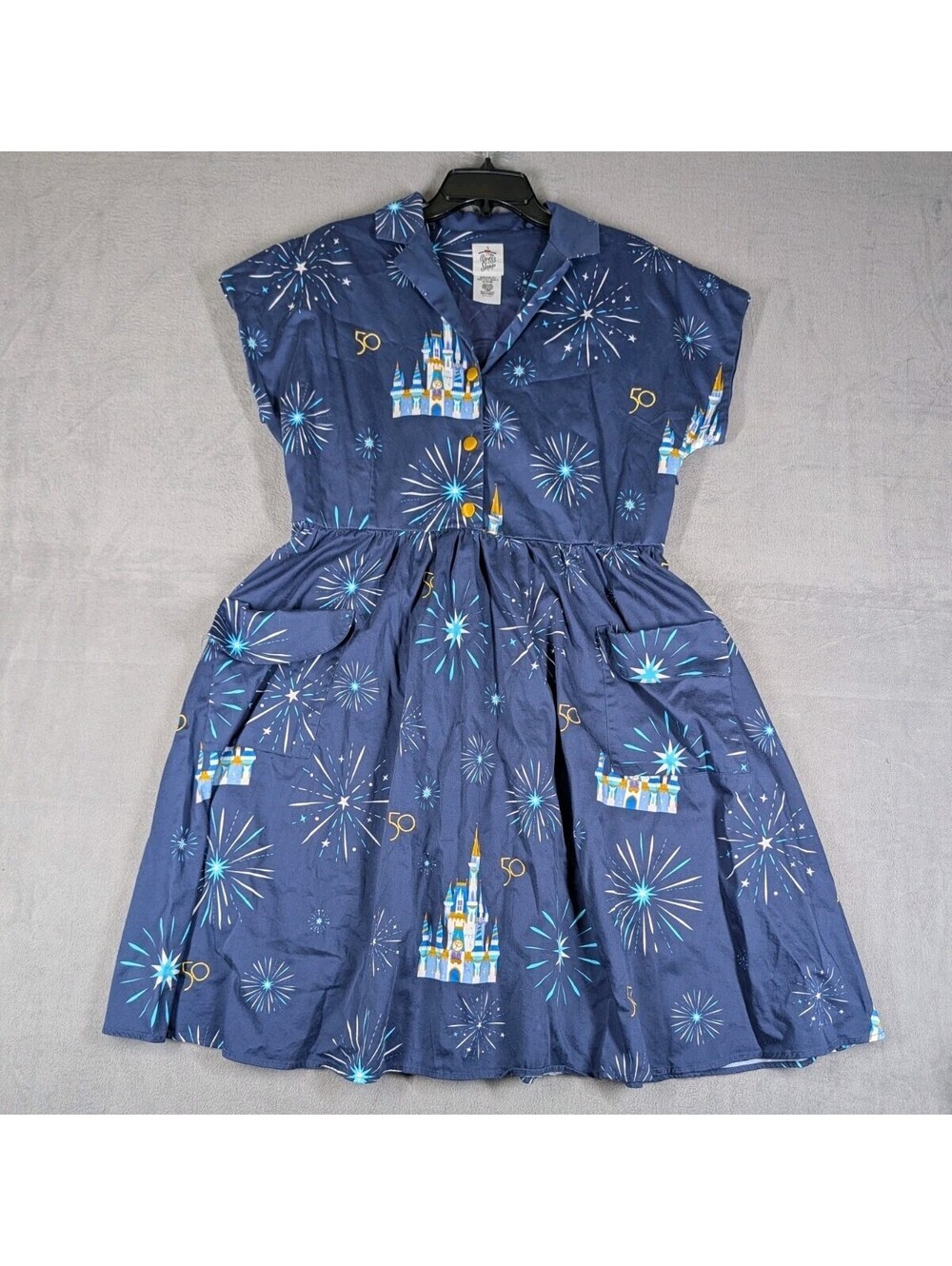 Disney Womens Large Blue 50th Anniversary Castle Fireworks Dress Pockets Cotton